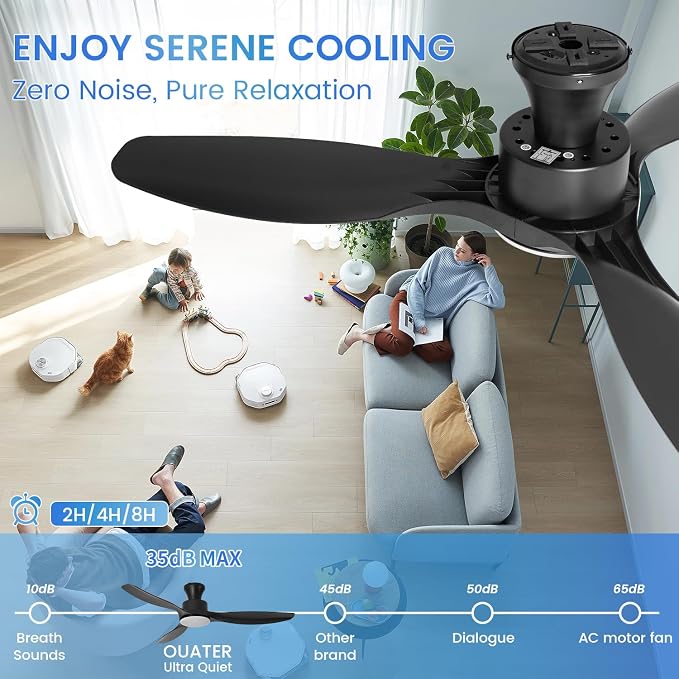 52" Ceiling Fan with Light and Remote, Flush Mount Ceiling Fan with 3 Blades, Low Profile Fan, 6 Speed, Queit DC Motor, Black Fan for Bedroom/Indoor/Outdoor/Living Room