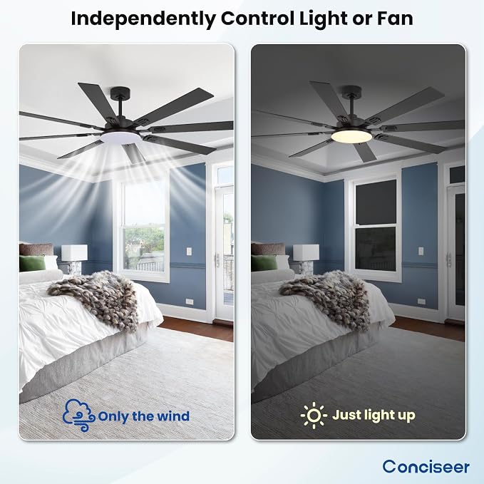 72 Inch Ceiling Fans with Lights and Remote, Dual Color 8 Blades, Bedroom Living Room Office Library Cafe Outdoor Industrial, 3CCT Dimmable, 6 Speed Reversible Quiet DC Motor, Black/Wood Grain
