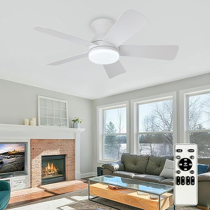 Ceiling fans with lights and Remote: 35 Inch Ceiling Fan with Light Low Profile - Flush Mount Ceiling Fan 5 Blades Reversible 3CCT Dimmable Noiseless for Bedroom (White)