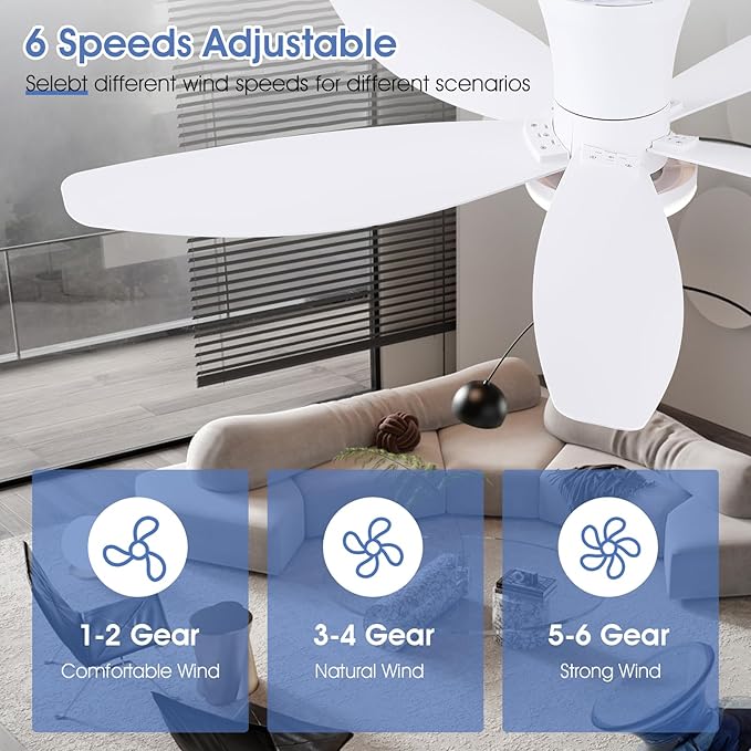Surtime 42" Ceiling Fans with Lights-Low Profile Ceiling Fan with Light and Remote/APP Control,Flush Mount,DC Reversible,LED Dimmable Modern Ceiling Fans for Bedroom,Indoor/Outdoor Patio Use(White)
