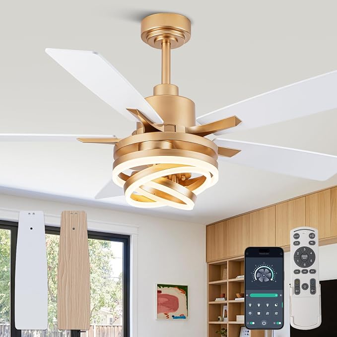 52" White and Gold Modern Chandelier Fandelier Ceiling Fan with Light | DC motor, reversible, dimmable, 3 adjustable rings for DIY shape; recommended for bedroom, living room, and indoor use.