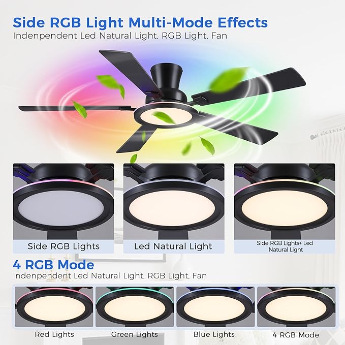 Ayaoty Ceiling Fans with Lights - 52in Flush Mount Ceiling Fan with RGB Dimmable, 3CCT 6 Wind Speeds and Reversible Quiet Motor, Low Profile RGB Fan Light for Modern Indoor, Party - Black