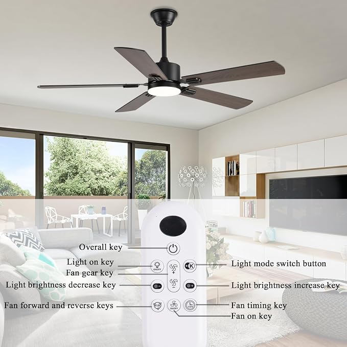 FUMLTP 52 inch Modern Ceiling Fans with Lights APP/Remote Control, Low Profile Reversible 6 Speeds Dimmable Ceiling Fan Light for Indoor/Outdoor Bedroom Living Room（Brown）