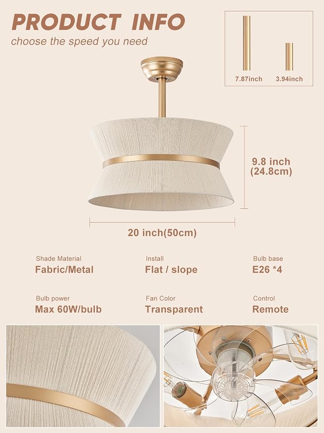 Boho Ceiling Fan with Light and Remote Rattan Chandelier Fan Gold Caged Fandelier Ceiling Fan with Light for Bedroom,Nursery,Foyer,Kitchen and Living Room(6 Speeds Timing Adjustment Height Enclosed)