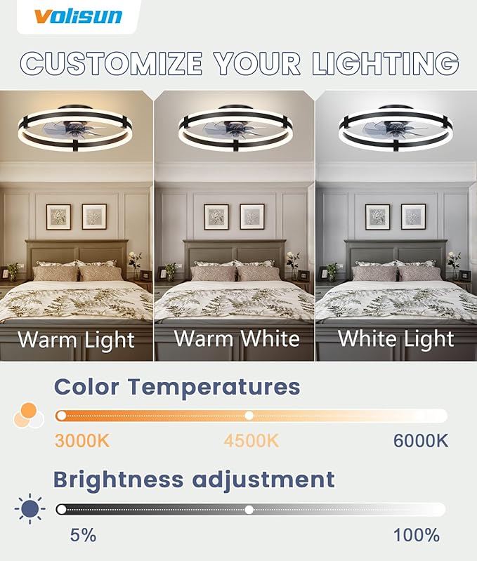 VOLISUN Ceiling Fans with Lights and Remote, 19.7in Low Profile Ceiling Fans with Light, 3000K-6500K Dimmable Fandelier Ceiling Fan, Black Flush Mount Ceiling Fan for Bedroom