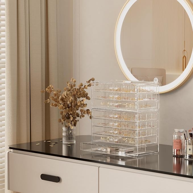ProCase Acrylic Earrings Holder Organizer Box -Clear, 8 Layers | 133 Jewelry Storage Grid Large Clear Compartments Transparent Stackable Drawers Jewelry Display for Earring Ring Bracelet