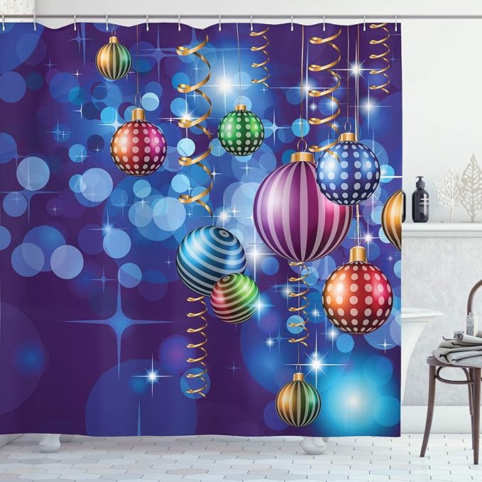 Ambesonne Christmas Shower Curtain, Happy New Year Party Celebrations Swirling Ornaments and Balls Print, Cloth Fabric Bathroom Decor Set with Hooks, 69" W x 75" L, Indigo