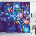 Ambesonne Christmas Shower Curtain, Happy New Year Party Celebrations Swirling Ornaments and Balls Print, Cloth Fabric Bathroom Decor Set with Hooks, 69" W x 75" L, Indigo