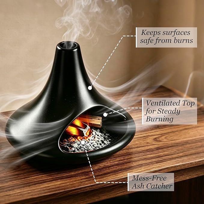 Ceramic Palo Santo Holder Chiminea Shape Burner, Mini Smudge Bowl with Ash Catcher for Palo Santo Sticks, Incense Cones & Candles, for Meditation, Yoga, Cleansing Ceremony, Handmade (Matte Black)