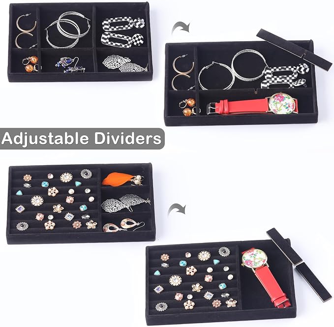 Set of 8 Velvet Jewelry Drawer Organizer Inserts, Stackable Trays with Removable Dividers, Earring and Ring Holder Display for Dresser, Storage Case for Necklace Bracelet Watch - Black