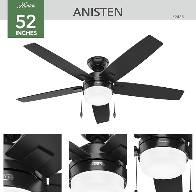 Hunter Anisten, Indoor, Ceiling Fan, with LED Light, 52 inch, Matte Black | Standard Mount, Pull Chain, 5 Blades, For Bedroom, Living Room, Includes Bulbs, 52485