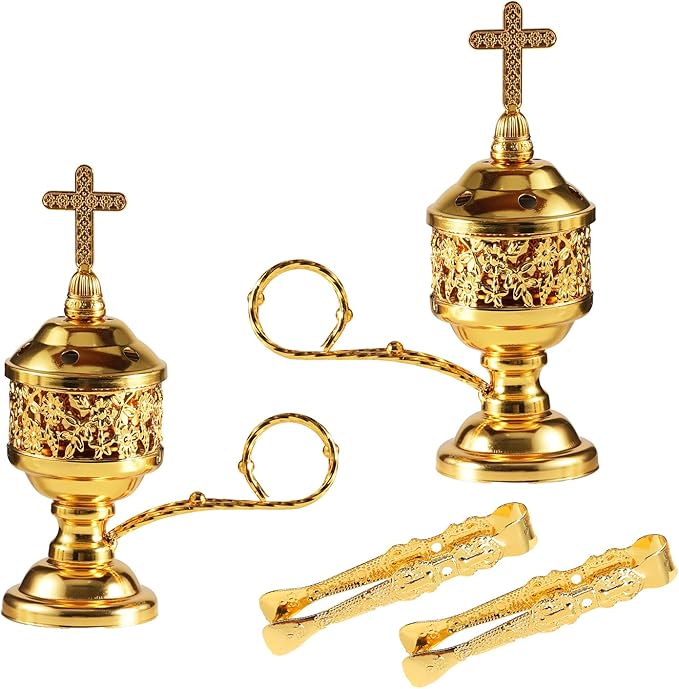 Gold Incense Burner with Tong – 2 PCS Set for Frankincense Charcoal Incense Stand Aromatherapy, Yoga, Spa, Home Decor, and Church Use – Compact & Durable Bakhoor Holder
