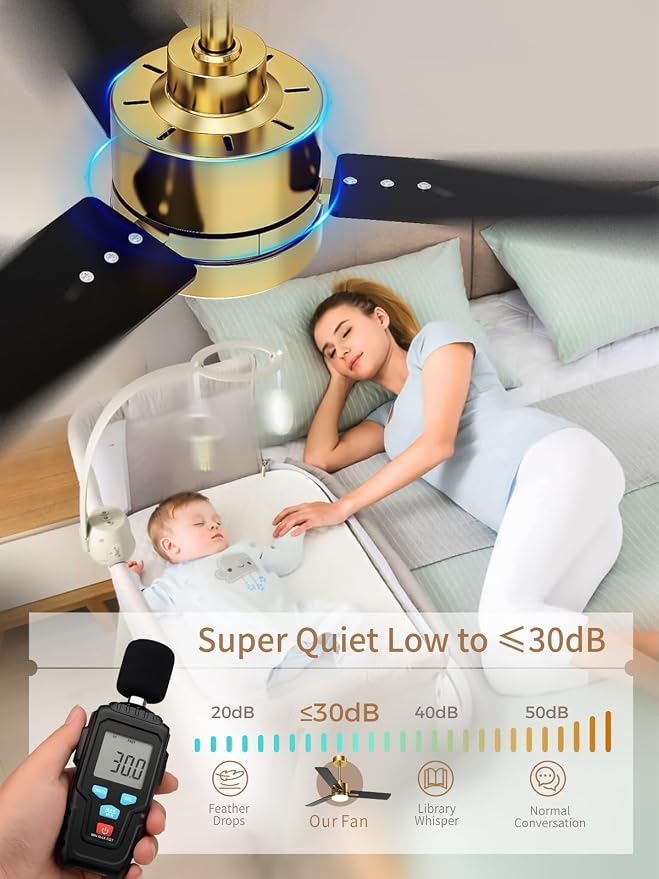 LANMEL 42'' Black and Gold Ceiling Fans with Lights and Remote, 6 Speed Low Profile Modern Ceiling Fan with Quiet DC Motor for Indoor Outdoor Bedroom Living Room