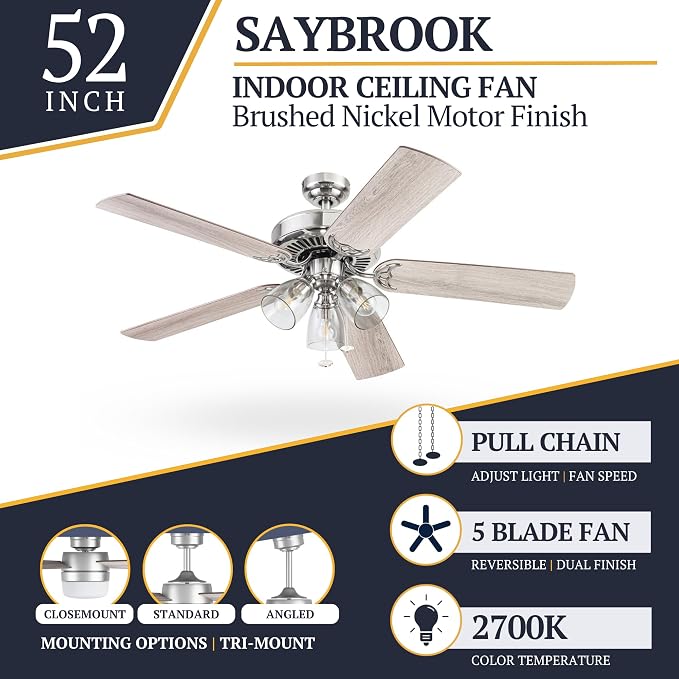 Prominence Home Saybrook Modern Farmhouse 52 Inch Ceiling Fan with Light, LED Ceiling Fan, Tri-Mount Indoor Fan with 5 Blades, Gray Oak and Brown Walnut Blade Finish Options, Matte Nickel (51592-01)