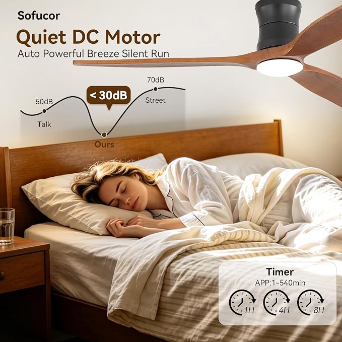 Sofucor 52" Smart Ceiling Fan, Solid Wood Ceiling Fan with Lights and Remote, Flush Mount Ceiling Fan Works with Alexa/Google/App, Dimmable 6-Speed Timing Reversible DC Motor for Bedroom Living Room
