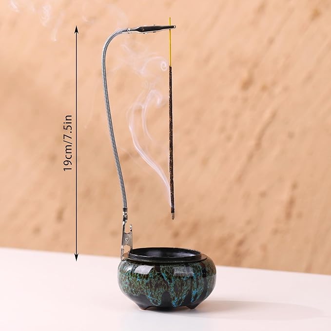 Incense Burner with Calabash Incense Stick Holder - Porcelain Charcoal Censer for Use with Resin Granular Powder Cone or Coil Incense (Kiln-Colored Blue)
