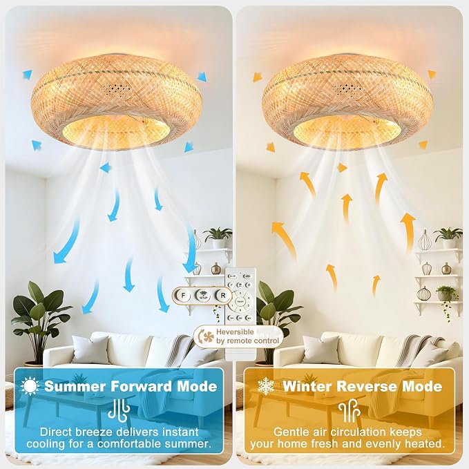 Depuley Boho Ceiling Fan with Light: 20 Inch Bamboo Woven Flush Mount Fandelier with Remote and Timer Control - Caged Ceiling Fan with 6 Speeds - Indoor Quiet Fan for Bedroom and Living Room
