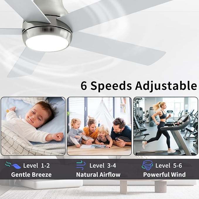POCHFAN 52 Inch Brushed Nickel Ceiling Fans with Lights and Remote,LED Low Profile Flush Mount Ceiling Fan for Bedroom, Living Room,Patio,Quiet DC Motor,5 Blades