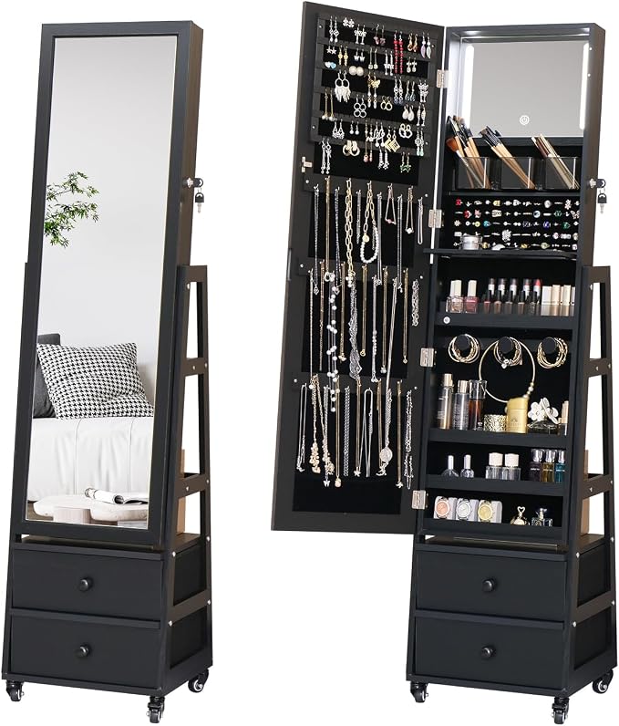 Jewelry Cabinet with Standing Mirror Lockable Full Length Mirror with Drawers Jewelry Organizer Armoire with Wheels,Floor Mirror with Back Storage Shelves for Bedroom Christmas Gift for Friend Black