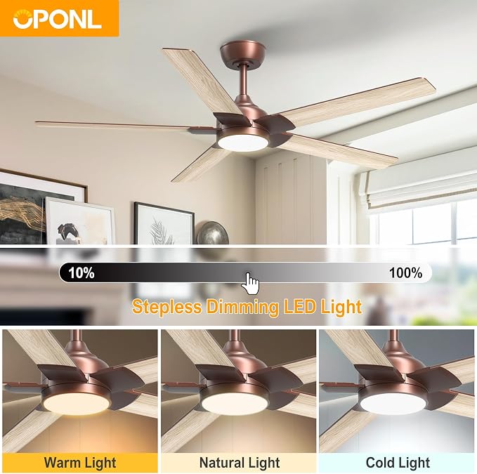 OPONL Ceiling Fan with Light, Ceiling fan with Light and Remote Control, Reversible, 6CCT, Dimmable, Noiseless, Ceiling Fan for Bedroom, Indoor/Outdoor Use, Brown, 52 inch, Modern