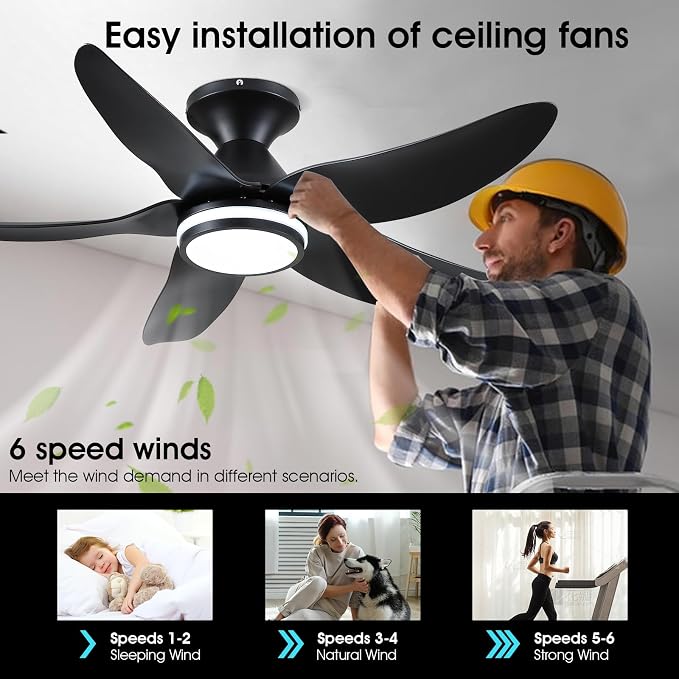Kviflon 46 inch Ceiling Fans with Lights and Remote/APP Control, Modern Flush Mount Ceiling Fans with 5 Reversible Blades 6 Speeds, 3 Colors Dimmable+Ring Lights for Bedroom Dining Room, Black