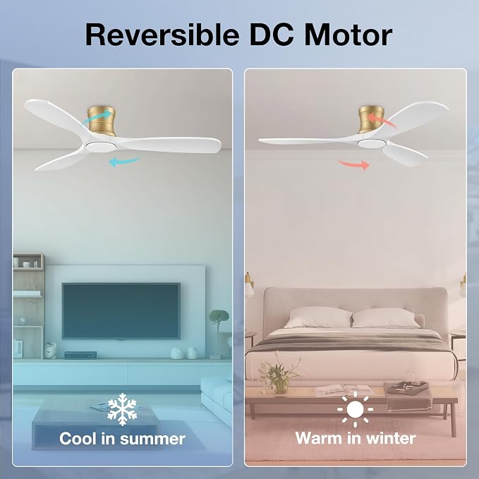 52 Inch Wood Ceiling Fans with Lights and Remote,Low Profile Flush Mount Ceiling Fan with Light,Outdoor Indoor Modern Ceiling fan for Bedroom Living room Patio,White and Gold,3 Blades,Reversible,Quiet