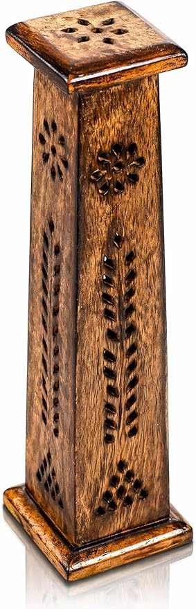 Wooden Incense Stick & Cone Burner Holder Tower Large Organic Eco Friendly Ash Catcher Agarbatti Holder Rustic Style Hand Carved for Meditation Yoga Aromatherapy Home Fragrance Products
