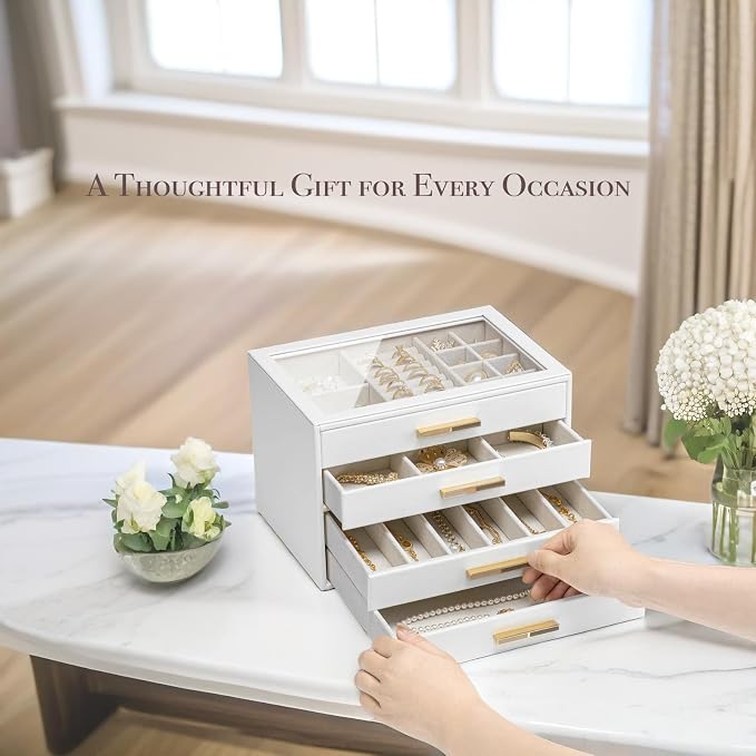 VLANDO 4-Drawer Jewelry Box with Glass Lid, Faux Leather Organizer for Rings Earrings Necklaces and More, Gift-Ready Jewelry Case for Women Girls or Moms, White