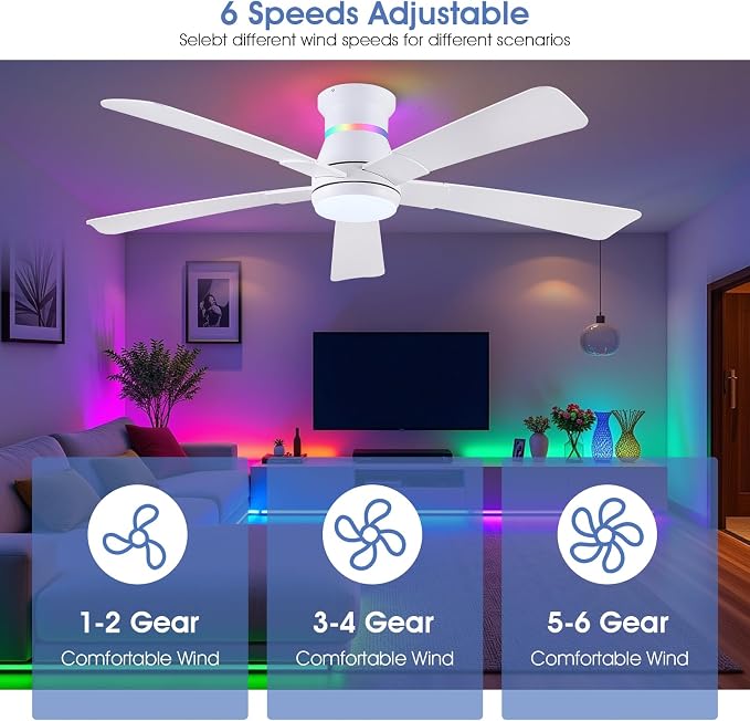 Surtime 52" White Ceiling Fans with RGB Lights - Flush Mount Ceiling Fan Light with LED 3CCT Dimmable, Modern Low Profile Ceiling Fans for Indoor Party,Covered Outdoor