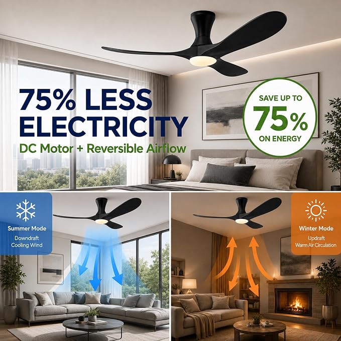 52 inch Smart Flush Mount Ceiling Fans with Lights, Low Profile Ceiling Fan with WIFI Alexa and App Remote Control, Quiet DC Motor, 3 Blades Wood Modern fan for Indoor Outdoor Bedroom Patio, Black