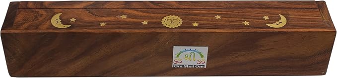 Coffin Style Wood Incense Burner Holder with Sun and Moon Inlays for Incense Sticks and Cones