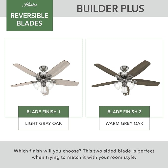 Hunter Builder Plus, Indoor, Ceiling Fan, 5 Blades, 52 inch, Brushed Nickel | with LED Lights, Standard Mount, Pull Chain, For Bedroom, Living Room, Includes Bulbs, 51111