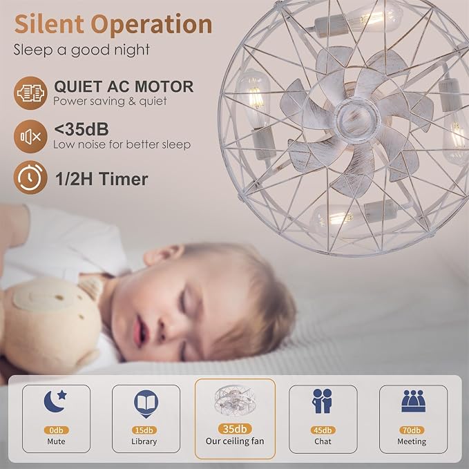 24" Flush Mount White Caged Ceiling Fans with Lights, Rustic Low Profile Ceiling Fan with Light and Remote, Quiet Reversible DC Motor Bladeless Enclosed Ceiling Fan for Bedroom Kitchen Farmhouse