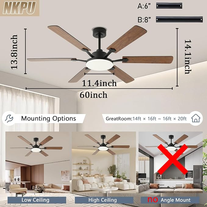 60 Inch Ceiling Fans with Lights, Large Modern Brown Ceiling Fan with Light and Remote Control, 6 Double Sided Blades, 6 Speed Reversible Motor, Dimmable LED, Silent Timing, Indoor Outdoor Patio Use