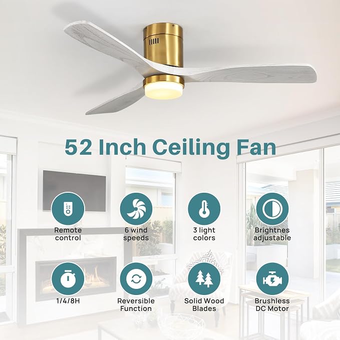 Sofucor 52 Inch Smart Ceiling Fans with Lights-Flush Mount Low Profile Modern Outdoor Solid Wood Ceiling Fans with Alexa/Google Assistant/APP/Remote Control for Bedroom/Farmhouse/Patio, Grey Gold