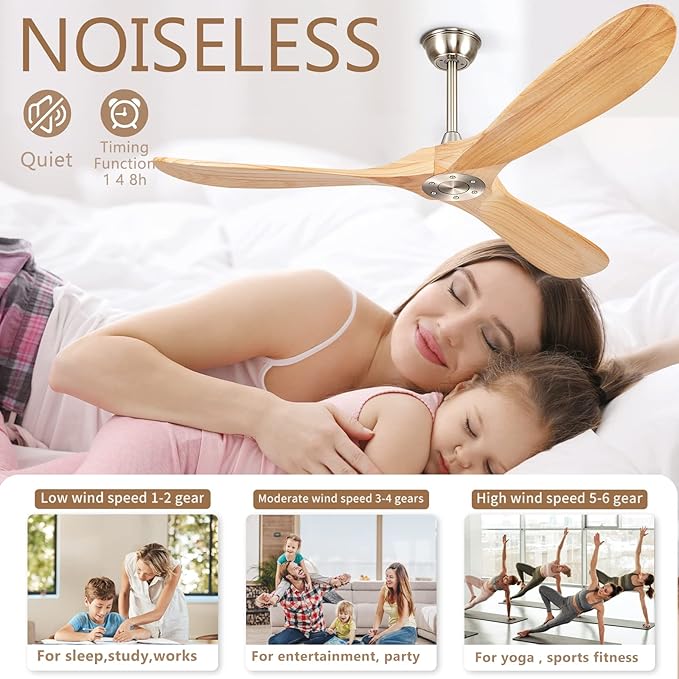 52" Ceiling Fans Without Lights, Solid Wood Ceiling Fan with Remote Control No Light, Modern Ceiling Fan with 3 Blades, Indoor Outdoor Ceiling Fans for Patios, Gazebo(Nature Wood)