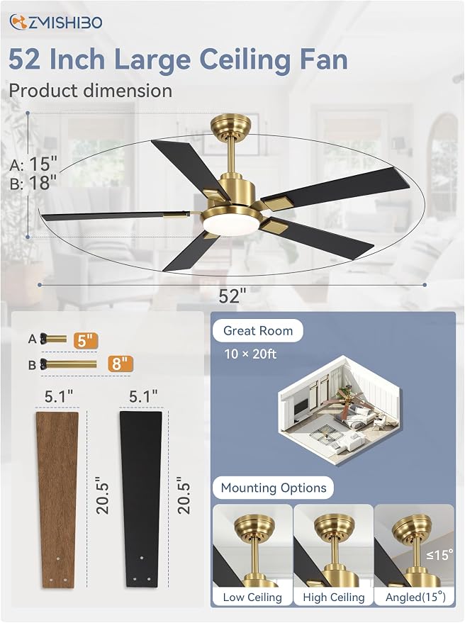 ZMISHIBO 52 inch Black and Gold Ceiling Fans with Lights and Remote, Indoor/Outdoor Modern Ceiling Fan for Bedroom Living Room Patio, 6 Speed Reversible Quiet DC Motor, 3 CCT, Dual Finish Blades