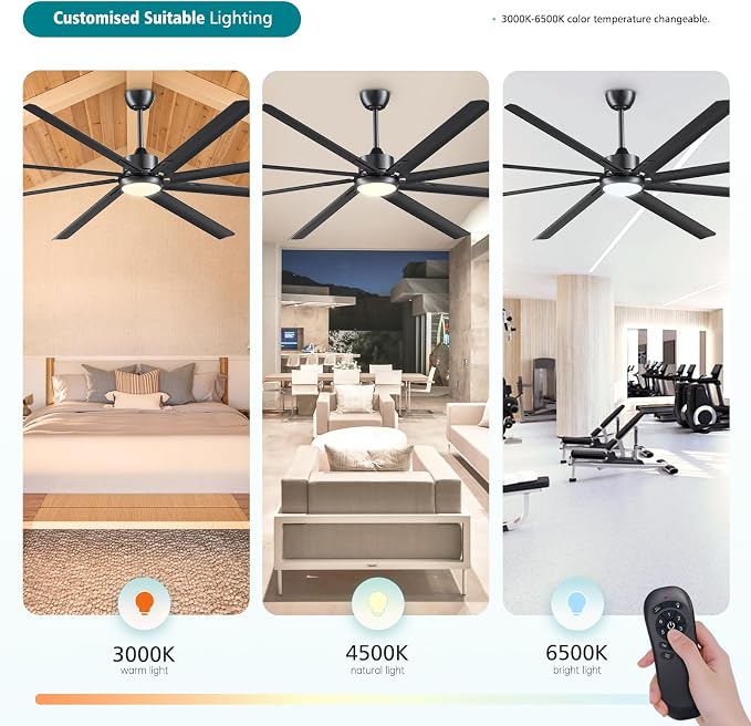 96 Inch Industrial Ceiling Fans with Lights 3CCT,Large Ceiling Fan DC Motor Quiet,Garage Ceiling Fan 1-6 Wind Speeds Reversible,8 Aluminum Blades ,Indoor/Outdoor Ceiling Fans for Patios,Black (Black)