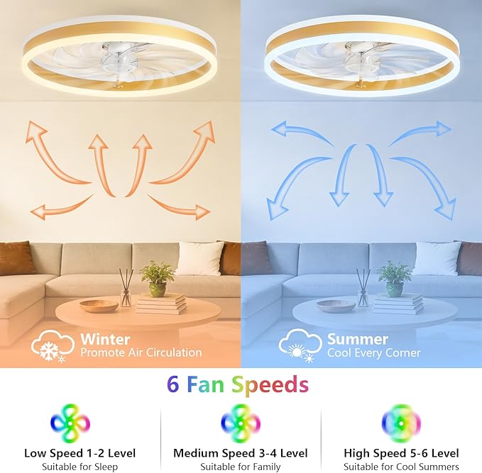STERREN RGB Ceiling Fan with Light, 20'' Low Profile Ceiling Fans with Remote Control, Smart Gold Flush Mount LED Fan Light, Modern Bladeless Fandelier for Bedroom, Living Room, Kitchen