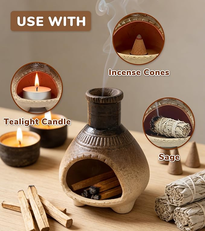 Mini Ceramic Palo Santo Holder for Incense Sticks, White Sage and Meditation Decor, Decorative Palo Santo Burner (Brown)