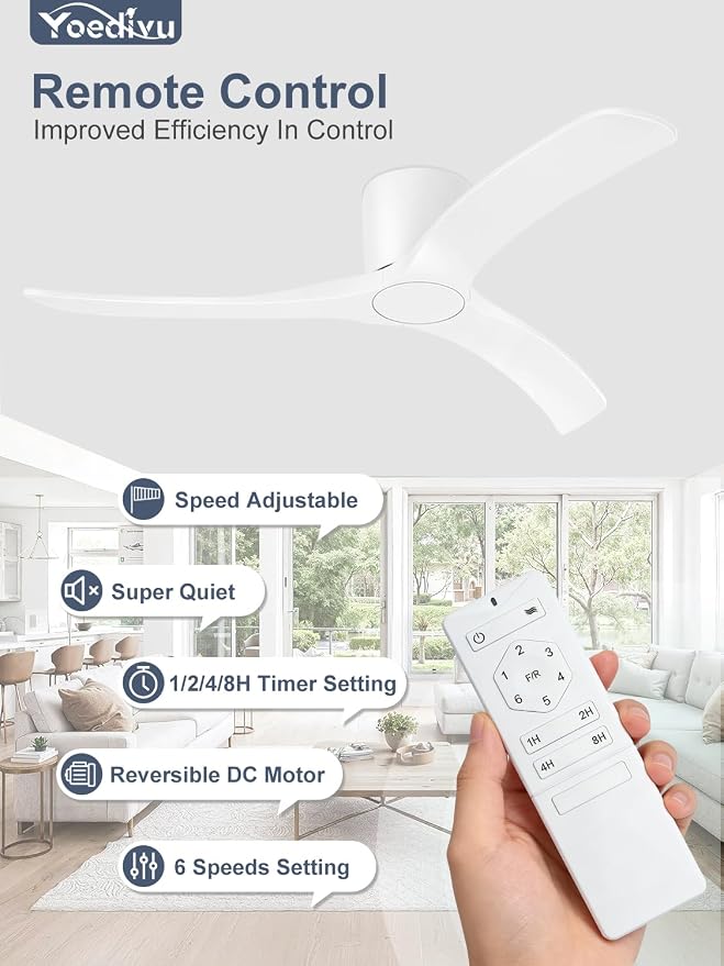 52 Inch Smart Ceiling Fans Without Lights, Low Profile Flush Mount Ceiling Fan with Alexa & Remote Control, 6 Speed Reversible Quiet DC Motor, White Ceiling Fan for Bedroom Living Room Patio