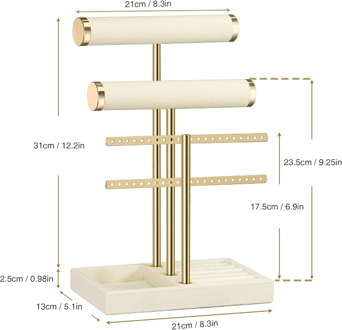 Jewelry Organizer Stand for Necklaces, Bracelets, Earrings, Rings, Beige | 3 Tier Velvet Bracelet Holder Display | Jewelry Organizers and Storage | Jewelry Tree | Jewelry Towers