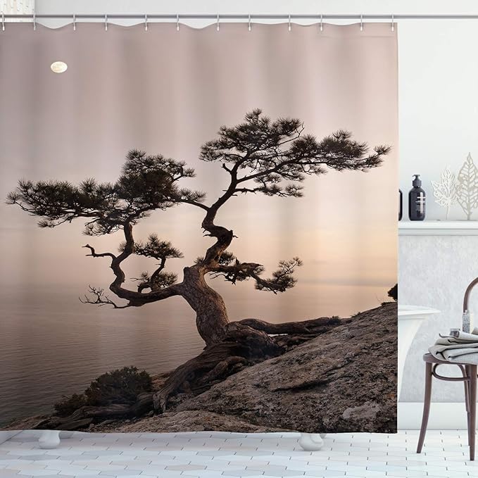 Ambesonne Tree Shower Curtain, Lonely Juniper Tree on Seaside Cliff Full Moon at Sunset Nature Theme Art Print, Cloth Fabric Bathroom Decor Set with Hooks, 69" W x 84" L, Brown Grey