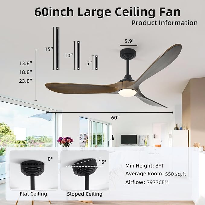 60” Outdoor Ceiling Fan with Light 3 Downrods, Smart Wood Ceiling Fan Compatible with Alexa/Google/App, 3 Blades Modern Walnut Wood Ceiling Fans for Kitchen Living Room Patio,Bronze