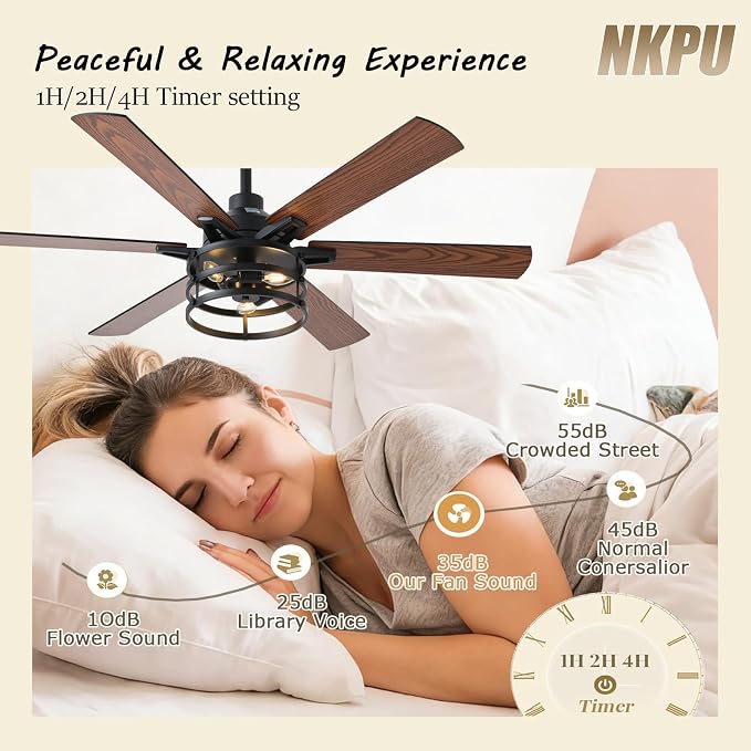 NKPU 52 Inch Farmhouse Ceiling Fan with Light and Remote, Brown Industrial Caged Rustic Ceiling Fan with 6 Speed Reversible Motor and Dual Finish 6 Blades, Rustic Ceiling Fan for Living