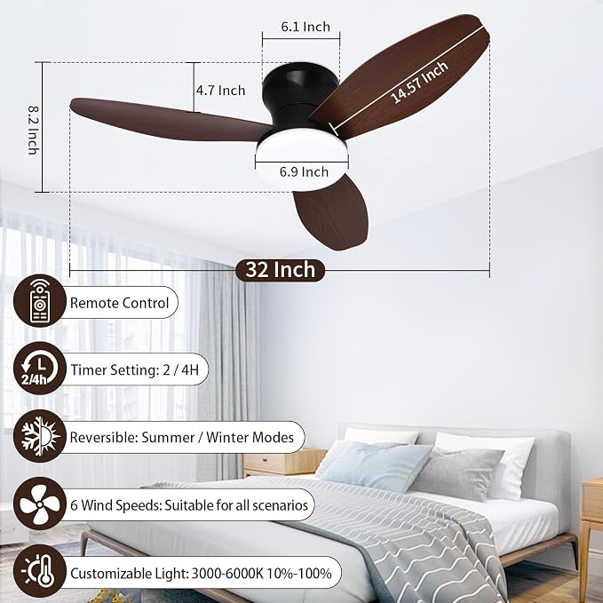 Small Ceiling Fan with Light and Remote, 32'' Flush Mount, 6 Speeds | Reversible Quiet DC Motor,Modern,3 Blades,Dimmable LED,Adjustable Color Temperature,Timer for bedroom Kitchen indoor outdoor