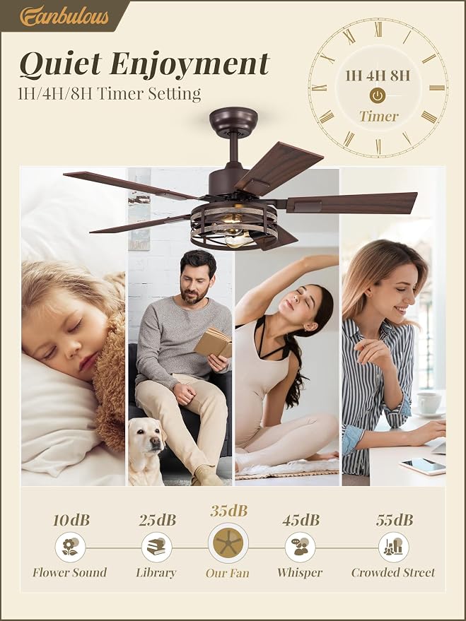 Fanbulous Farmhouse Ceiling Fans with Light, 42 Inch Bedroom Ceiling Fan with Lights, 6-Speed Adjustable, Quiet and Reversible DC Motor, 5 Dual Finish Blades, Rustic Caged Ceiling Fan，Oil Bronze