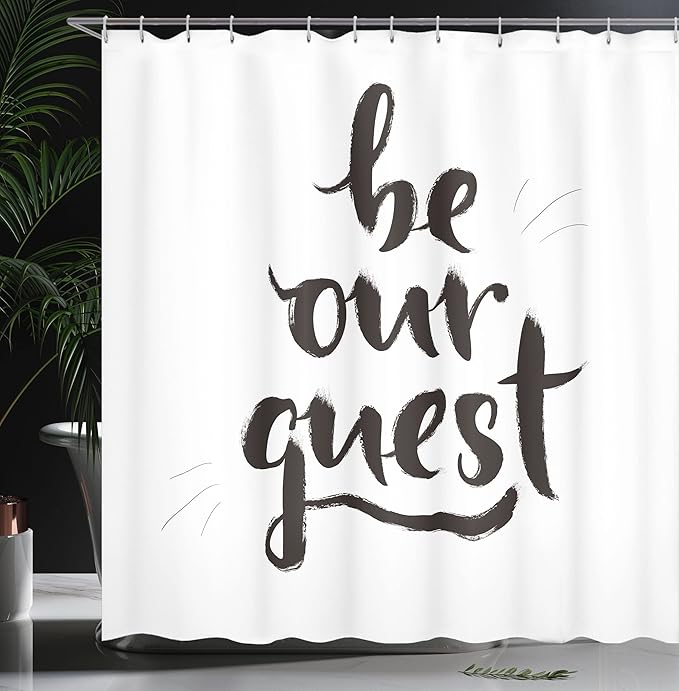 Ambesonne Be Our Guest Shower Curtain, Ink Brush Painting Style Calligraphic Words in Hand Written Print, Cloth Fabric Bathroom Decor Set with Hooks, 69" W x 84" L, White and Charcoal Grey
