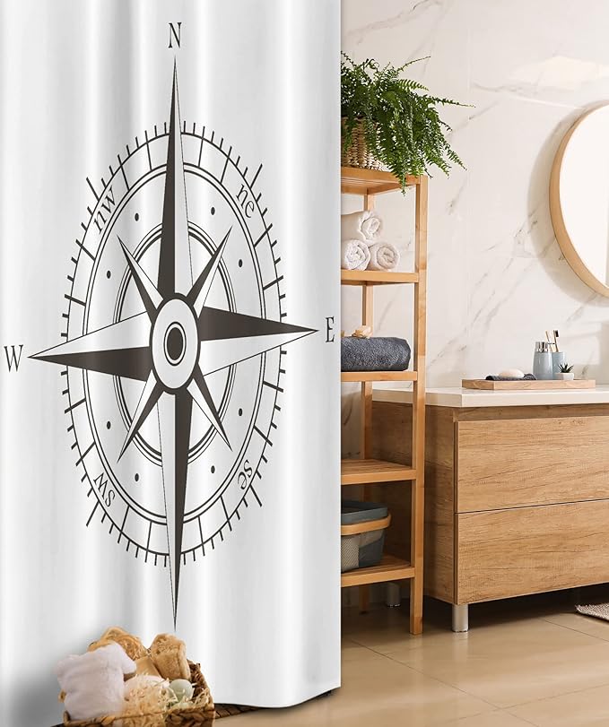 Ambesonne Compass Stall Shower Curtain, Wind Rose Old Fashion Navigational Equipments Orienteering Illustration Print, Fabric Bathroom Decor Set with Hooks, 36" W x 72" L, Evergreen White