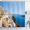 Ambesonne European Shower Curtain, Cityscape on The Edge of Cliff Greece Island Land with Mediterranean Culture Theme, Cloth Fabric Bathroom Decor Set with Hooks, 69" W x 84" L, Ecru